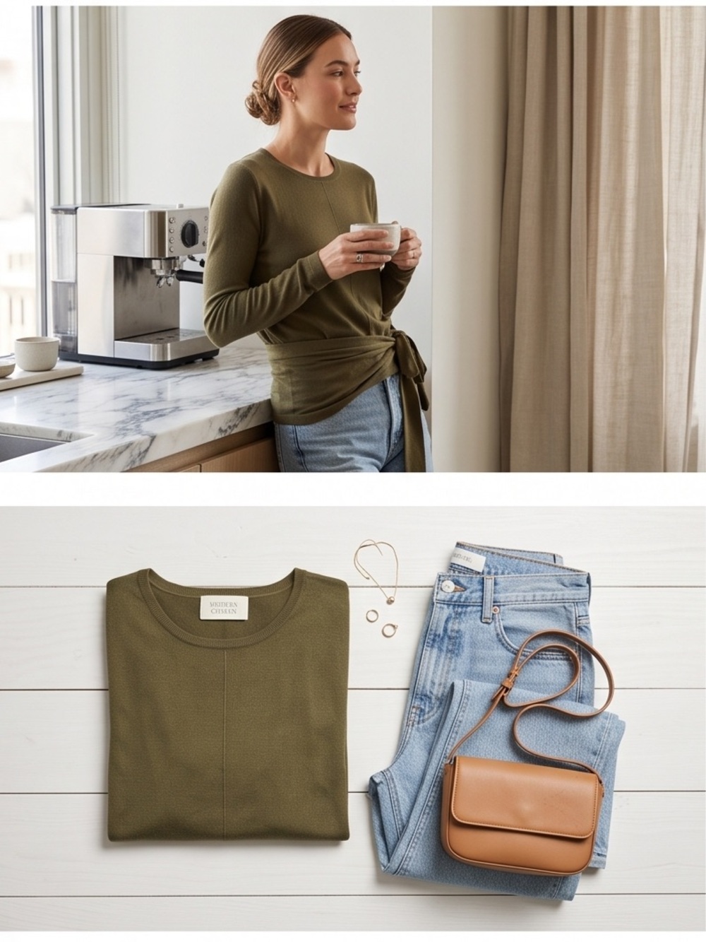 Modern Citizen Long Sleeve Wrap Around Tie Top, Knit Olive Green Size Medium - Picture 6 of 15